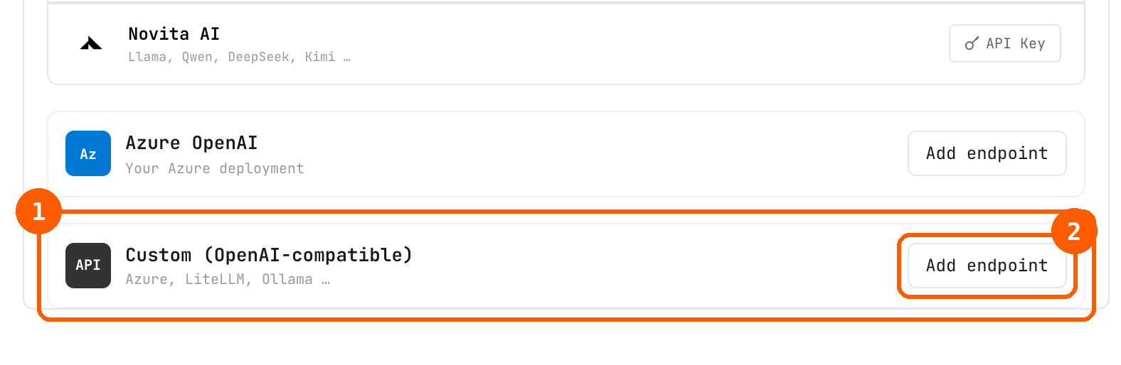 The bottom of the API keys list. The Custom (OpenAI-compatible) card is outlined and labelled 1, and its Add endpoint button is outlined and labelled 2.