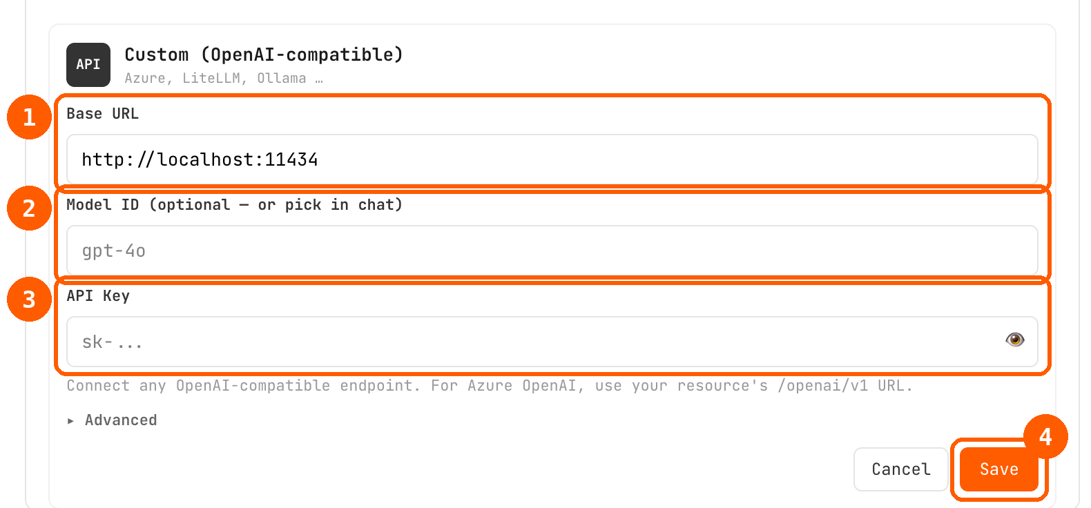 The expanded Custom endpoint form with Base URL set to http://localhost:11434 and the Model ID and API Key fields left empty. Each field and the Save button are outlined and numbered.