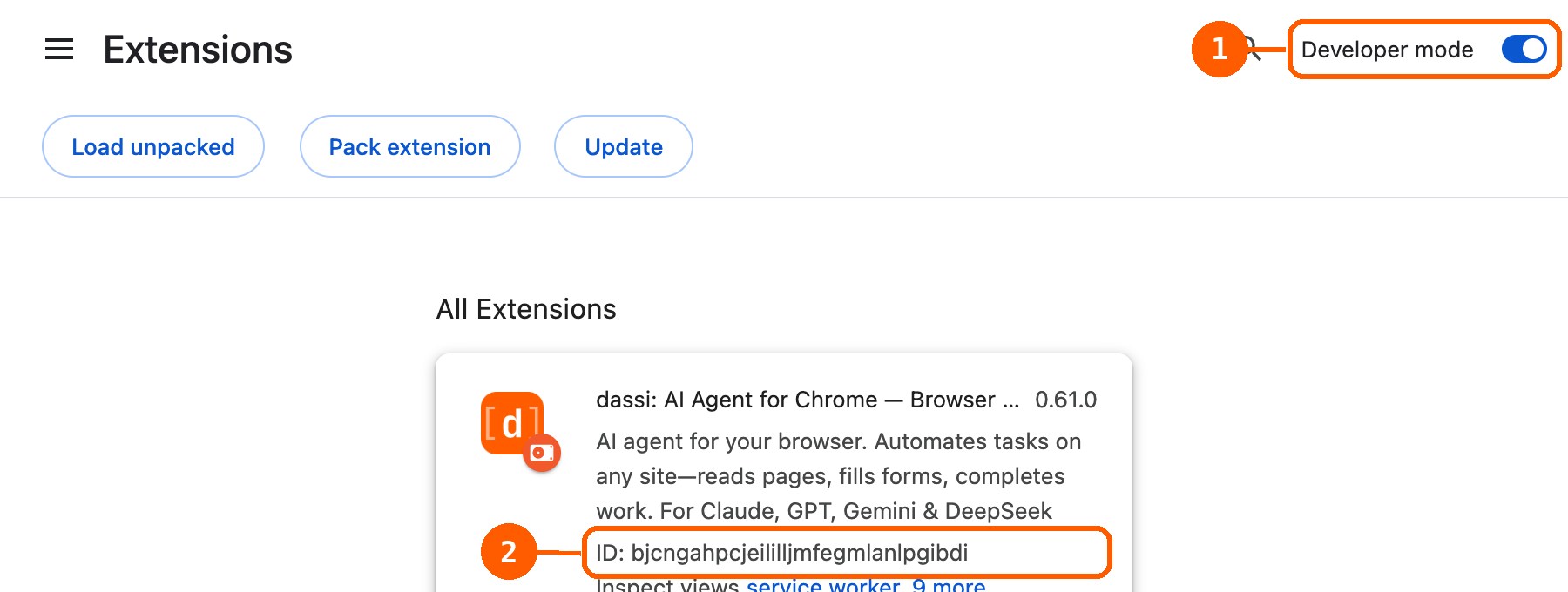 The chrome://extensions page. The Developer mode toggle in the top-right is outlined and labelled 1; the ID line under the Dassi extension's description is outlined and labelled 2.