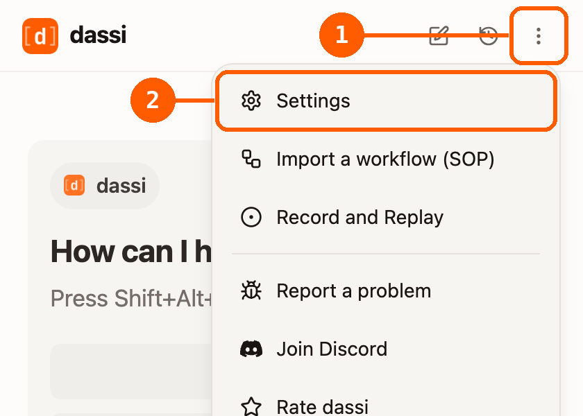 Dassi's side panel with the three-dot menu open. The menu button in the top-right toolbar is outlined and labelled 1; the Settings item at the top of the menu is outlined and labelled 2.