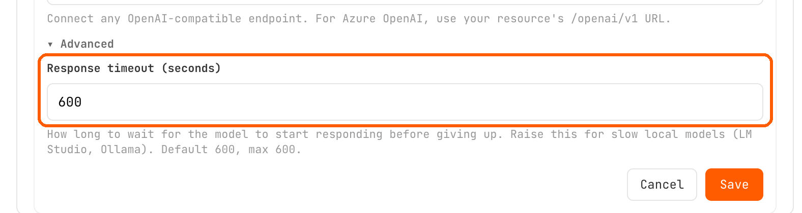 The Advanced section of the Custom endpoint form expanded, showing a Response timeout field set to 600 seconds.