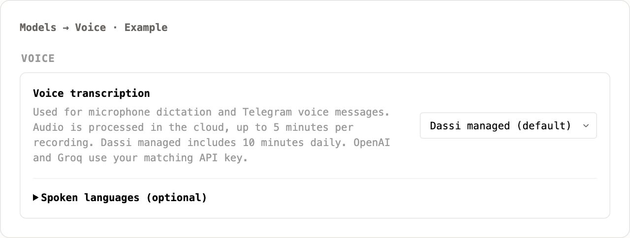 Example voice settings with Dassi managed selected for transcription