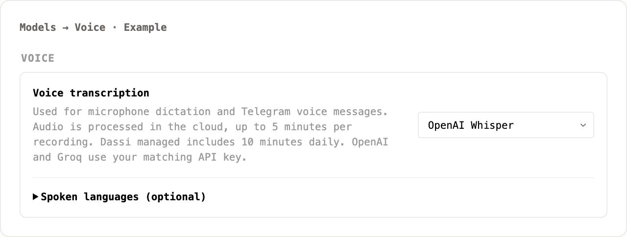 Example voice settings with OpenAI Whisper selected
