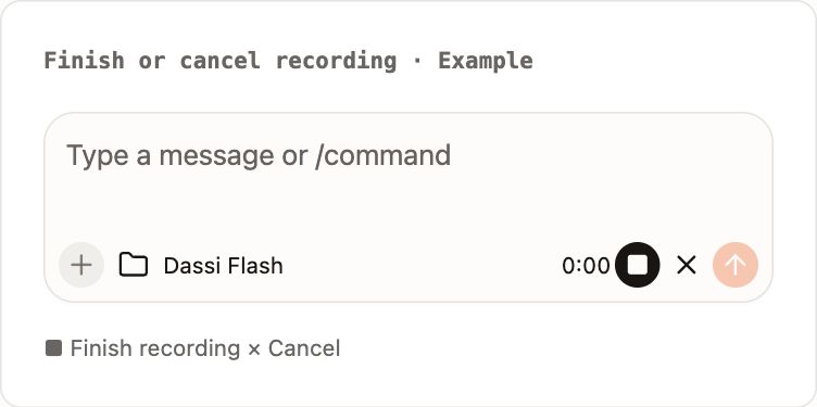 Example recording controls with a timer, square Finish recording button, and X to cancel