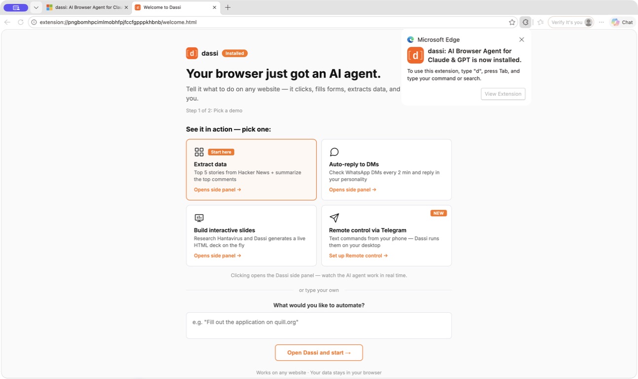 The dassi welcome page after a real install