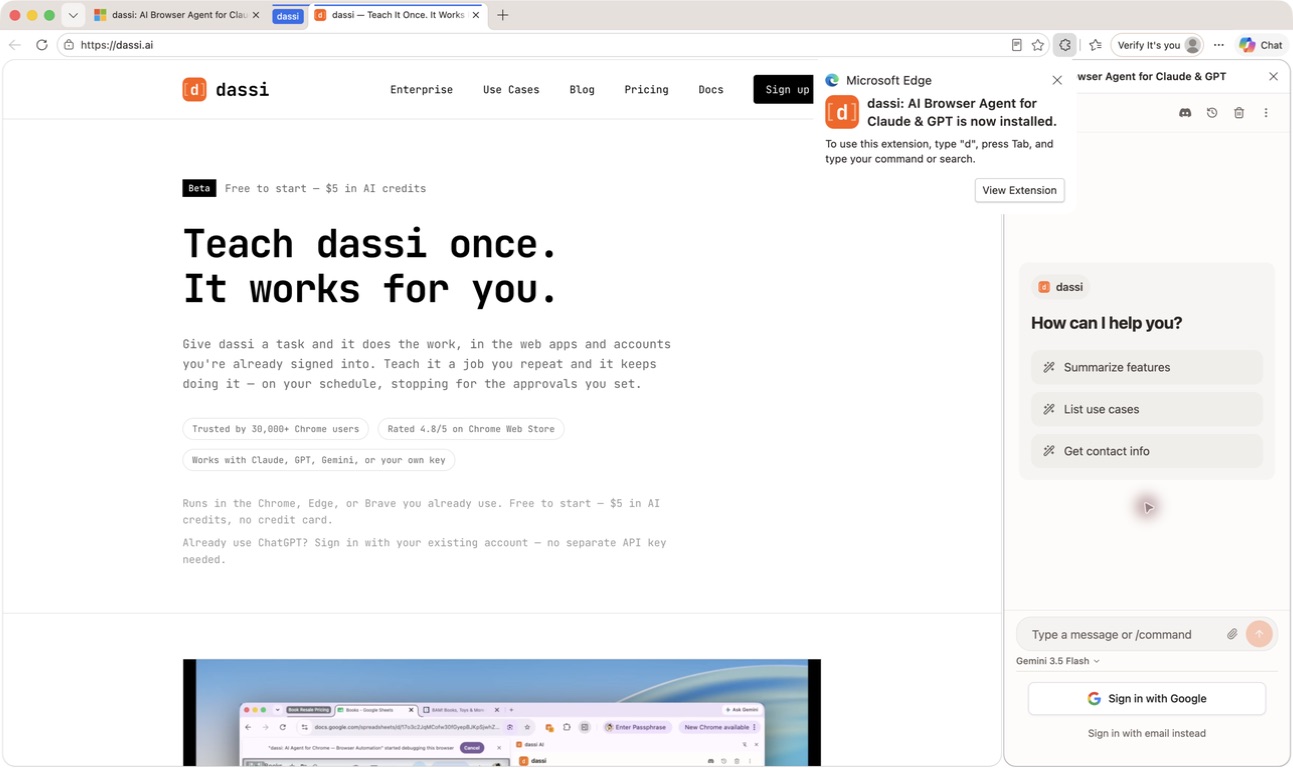 The dassi sidebar with sign-in options, open in Edge